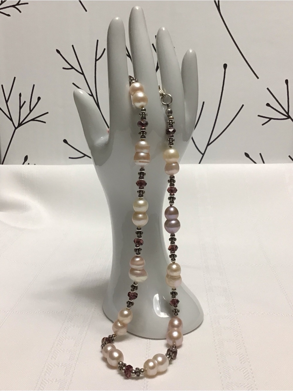16” Freshwater Twin Baroque Pearls Lavender Hues and Purple Glass Bead Choker